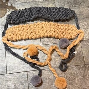 Anthropologie Black and Tan Knit embellished Headband with Pom-Poms